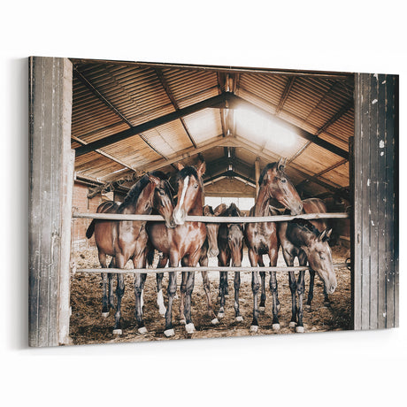 Rustic Farmhouse Decor: Horses in Stable - Vintage Country Style Art