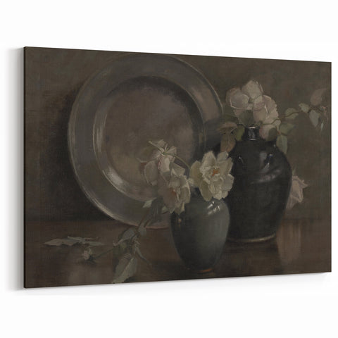 Dark Moody Still Life Floral Art - Timeless Vase and Plate Decor