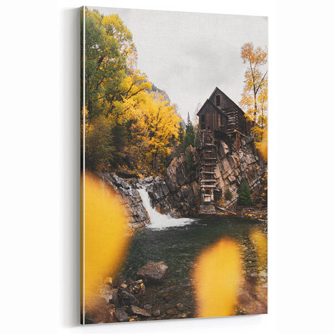 Old Mill by the Waterfall - Rustic Autumn Landscape Art