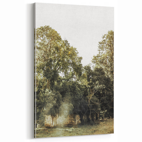 Rustic Wall Art: Serene Forest & Stone Structure – Farmhouse Decor Print