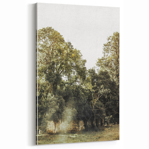 Rustic Wall Art: Serene Forest & Stone Structure – Farmhouse Decor Print