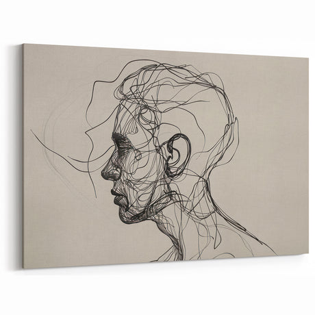 Boho Wall Decor - Abstract Line Art Portrait in Black Bohemian Canvas