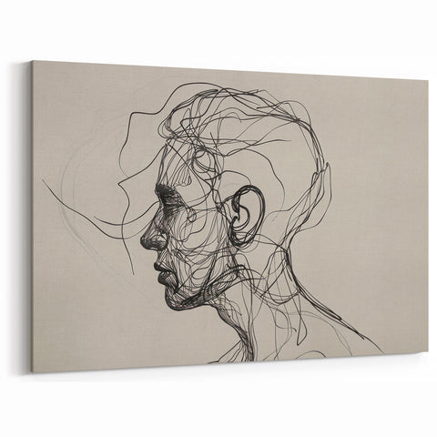 Boho Wall Decor - Abstract Line Art Portrait in Black Bohemian Canvas