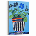 Playful Electric Botanical Art - Vibrant Striped Pot with Blue Flowers
