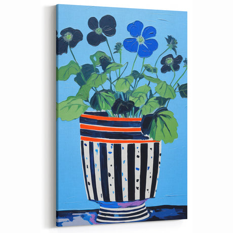 Playful Electric Botanical Art - Vibrant Striped Pot with Blue Flowers