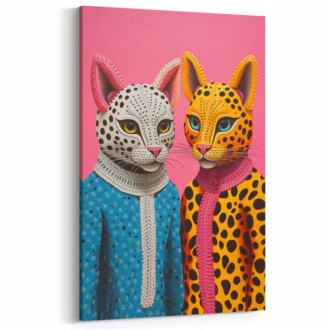 Vibrant Electric Animal Art - Colorful Cat Duo Portrait Modern Canvas
