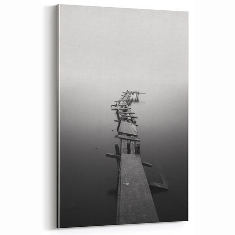 Rustic Wall Art: Broken Dock in Fog – Minimalist Black & White Print