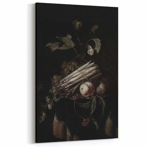 Dark Moody Wall Art - Elegant Still Life with Asparagus and Fruit