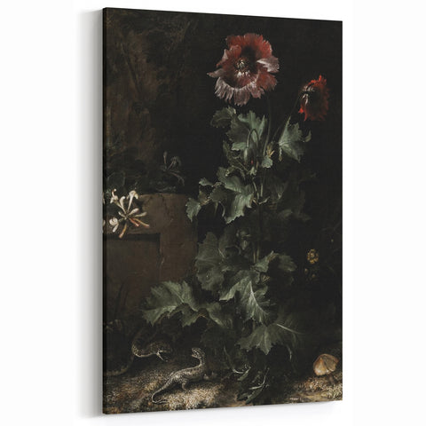 Dark Moody Wall Art - Dramatic Botanical Scene with Flower and Reptiles