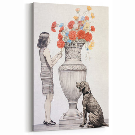 Modern Electric Wall Art: Classic Vase with Bold Floral and Dog Design