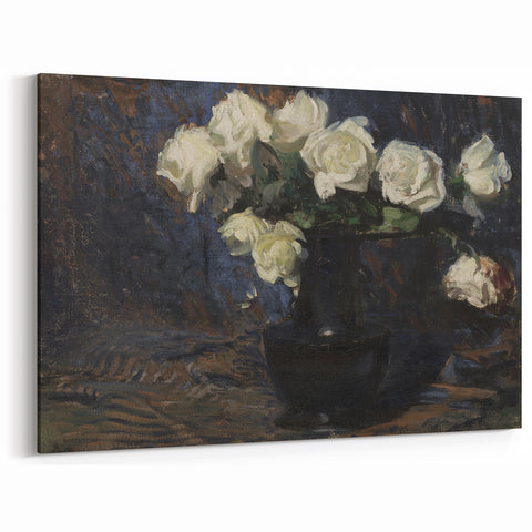 Dark Moody Wall Art White Roses in Black Vase for Dramatic Interiors