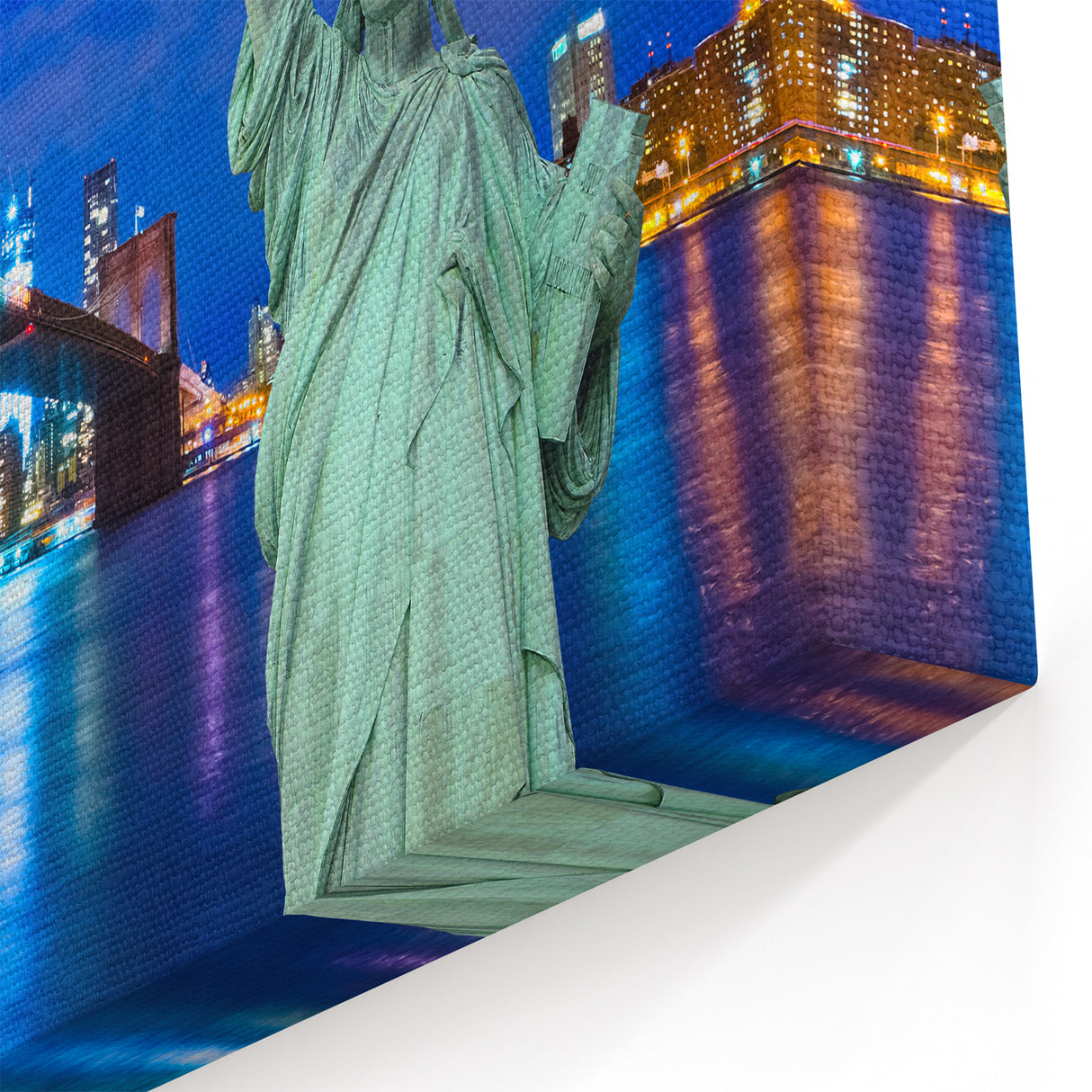 Framed New Jersey Art – Statue of Liberty and Brooklyn Bridge Night Scene