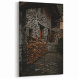 Rustic Stone Building with Firewood Wall Art – Farmhouse Decor Charm