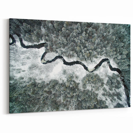 Adirondacks Canvas Art – Aerial View of Snowy River and Winter Forest