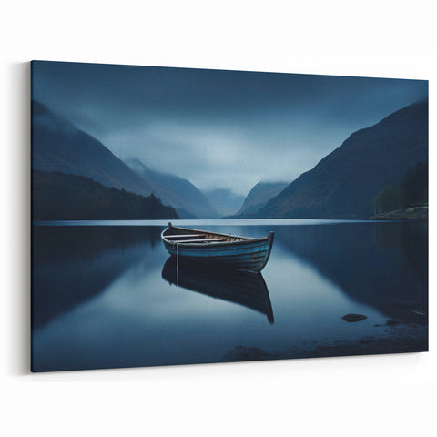 Adirondacks Wall Art – Serene Boat on Tranquil Lake with Misty Mountains