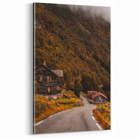 Rustic Wall Art - Country Road and Wooden Cabin for Farmhouse Decor