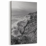 Coastal Wall Art - Black and White Ocean Waves on Rocky Shoreline Print