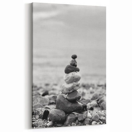 Coastal Wall Art - Black and White Stacked Stones Beach-Themed Print