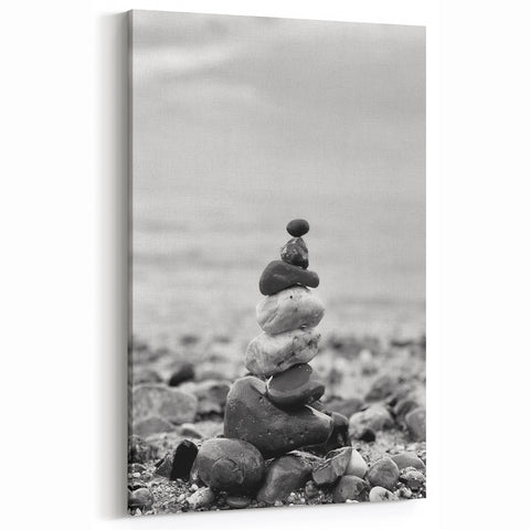 Coastal Wall Art - Black and White Stacked Stones Beach-Themed Print