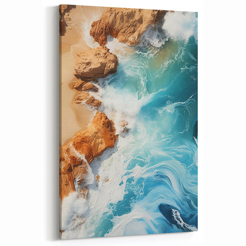 Coastal Wall Art - Ocean Waves Crashing on Rocky Shore Beach-Themed Print