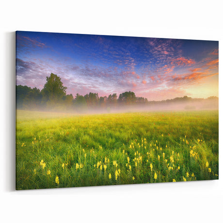 Ukraine Scenery Prints – Misty Morning Meadow with Sunrise Wall Art