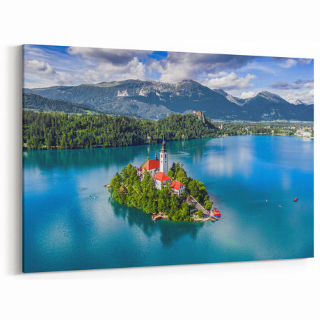Slovenia Scenery Canvas - Lake Bled Island Aerial View Art
