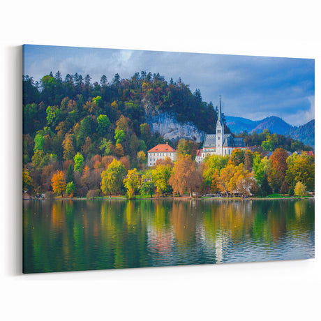 Scenic Slovenia Prints - Autumn Church by Lake Canvas Art
