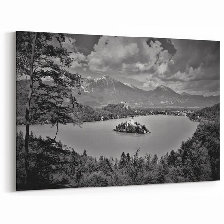 European Scenery Wall Art - Black and White Lake Bled Canvas