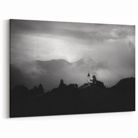 Slovenia Wall Art - Misty Chapel in Black and White Canvas