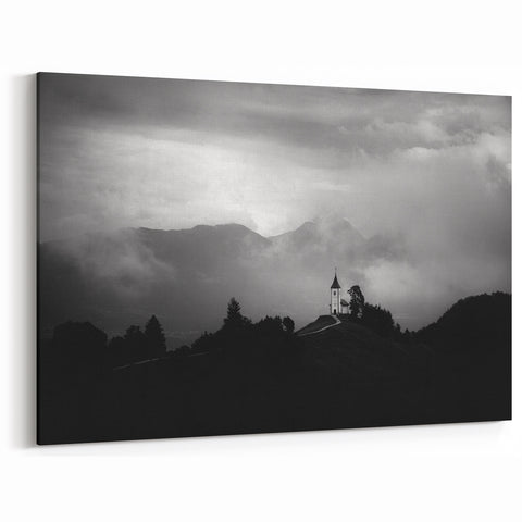 Slovenia Wall Art - Misty Chapel in Black and White Canvas