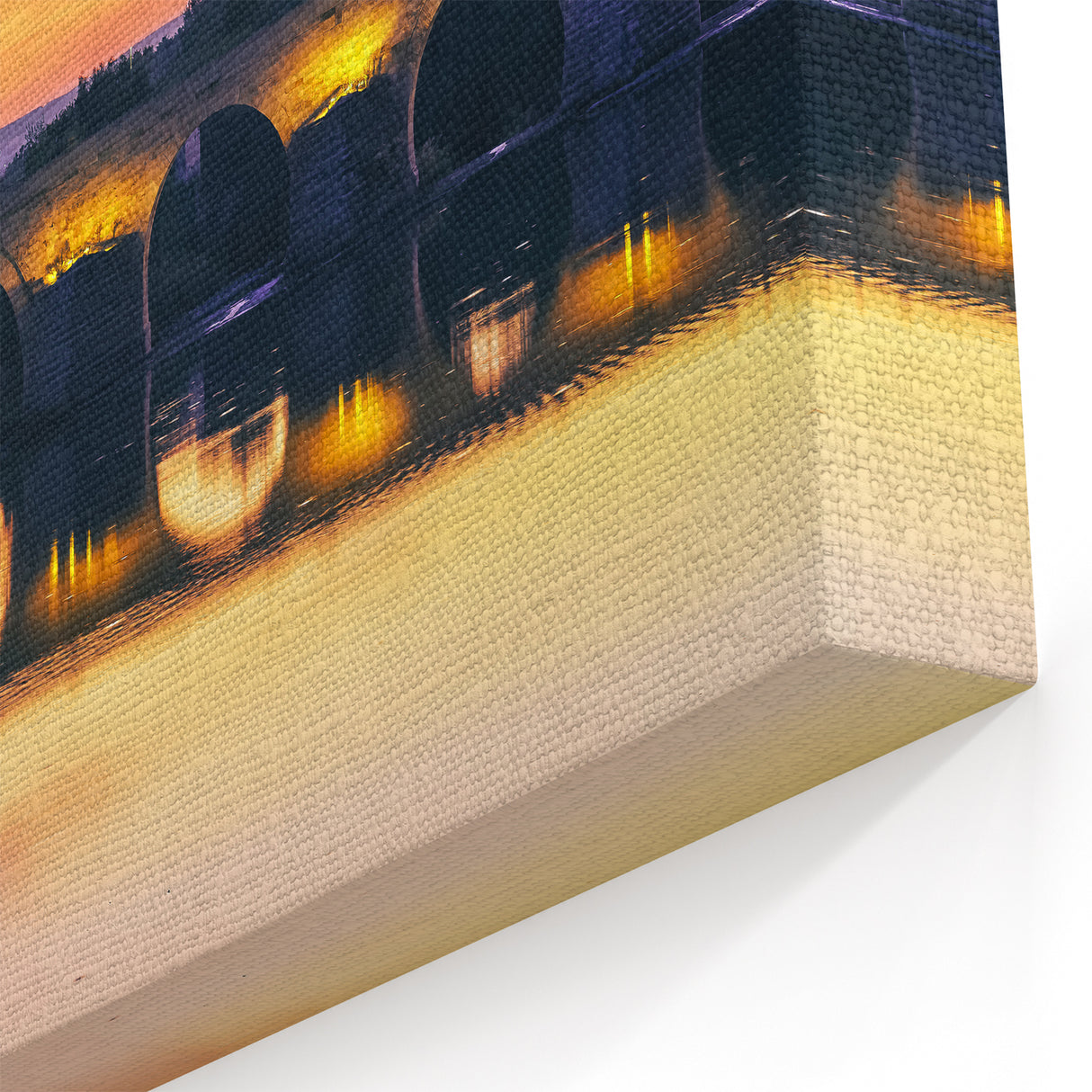 Framed Andalucía Art - Illuminated Roman Bridge at Sunset Reflection