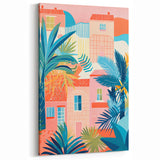 Maximalist Wall Art - Bold Tropical Houses Scene - Vibrant Decor Piece