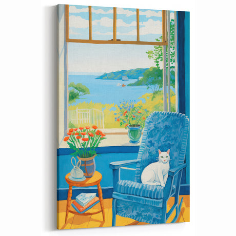 Maximalist Wall Art - Cozy Seaside Scene with Cat - Vibrant Decor Piece