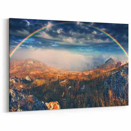 Ukraine Canvas Art – Rainbow Over Misty Hills Landscape Print