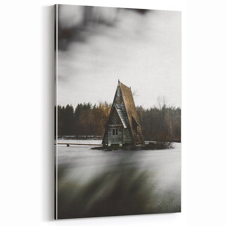 Rustic Cabin Wall Art - Isolated A-Frame House on Lake for Decor