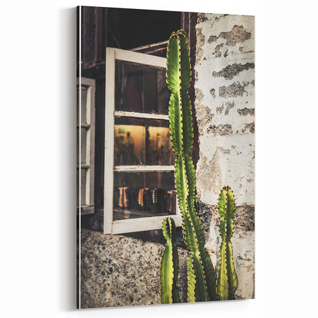 Rustic Cactus Wall Art - Vintage Window with Desert Plant Decor