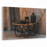 Vintage Cookware on Wooden Cart – Rustic Farmhouse Wall Art