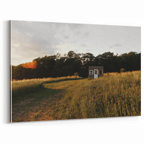 Rustic Landscape Wall Art – Peaceful Farmhouse Cabin in Golden Field