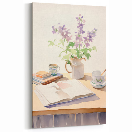 Maximalist Wall Art: Serene Still Life with Books and Flowers – Eclectic Decor