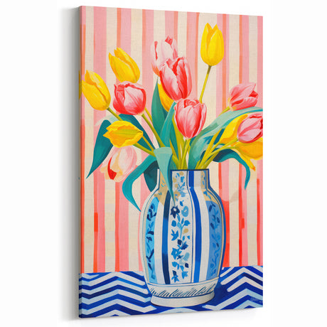 Maximalist Floral Wall Art with Vibrant Tulips in Blue and White Vase