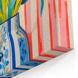 Maximalist Floral Wall Art with Vibrant Tulips in Blue and White Vase