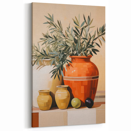 Maximalist Still Life Wall Art with Bold Terracotta Vases and Foliage