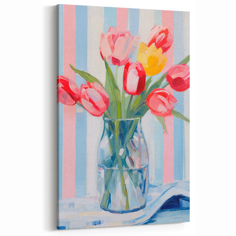 Maximalist Floral Wall Art with Vibrant Tulips and Colorful Striped Design