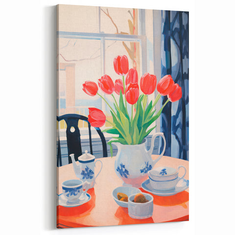 Maximalist Floral Still Life Wall Art with Red Tulips and Tea Setting