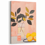 Maximalist Still Life Wall Art with Bold Leaves, Lemons, and Pastel Pink