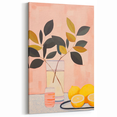 Maximalist Still Life Wall Art with Bold Leaves, Lemons, and Pastel Pink