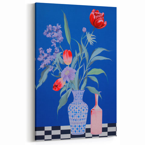 Maximalist Wall Art - Bold Floral Vase Decor with Blue and Red Accents