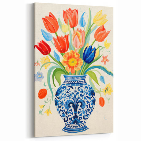 Maximalist Wall Art - Bold Floral Vase with Colorful Tulips and Pattern