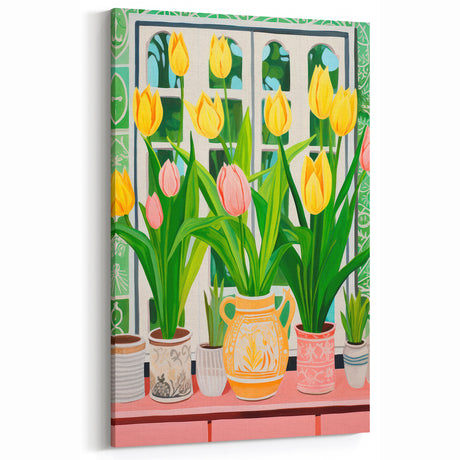 Maximalist Wall Art - Bold Tulip Garden with Vases and Vibrant Greenery