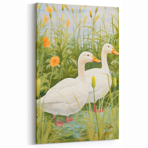 Maximalist Wall Art - Charming Geese in Lush Garden with Green Foliage